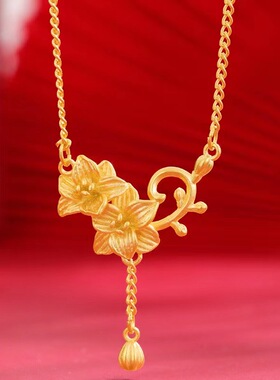 沙金三生花项链女古法双生花吊坠