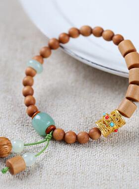 天然檀香木【钟情】双圈手串 古风木质桶珠拼接手串 绿檀手串