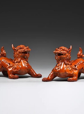 黑檀木雕招财貔貅摆件一对公母实木皮休开业送礼品客厅玄关风水