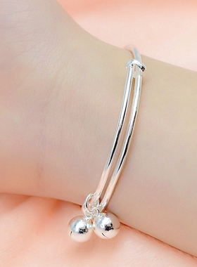 儿童带铃铛脚镯9999纯银镯子光面银手镯男女宝宝小孩子婴儿白银饰