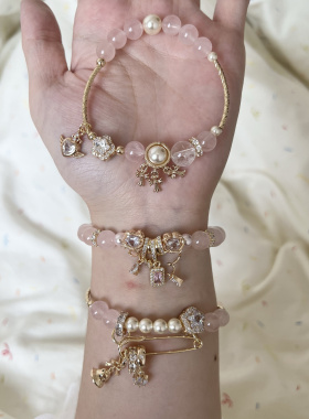 多面体原创 天然白阿塞粉水晶莫粉水晶手链手串珍珠梦语链可爱