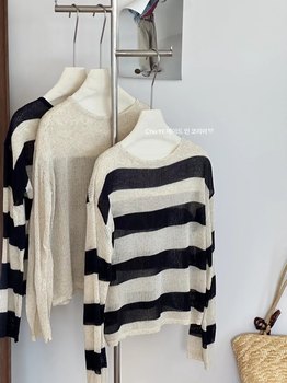 ເສື້ອຍືດແຂນຍາວ linen ຄໍເສັ້ນດ່າງເກົາຫຼີບາງ breathable bottoming shirt hollow contrasting striped sweater ປ້ອງກັນແສງແດດ