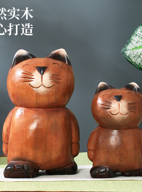 泰国进口实木手工雕刻卡通猫咪摆件木质桌面装饰创意萌宠小礼品