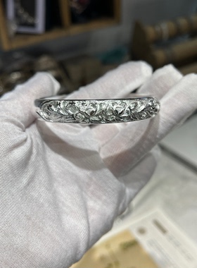 原创足银999茉莉花手镯女 手工錾刻手环开口百搭送妈妈长辈