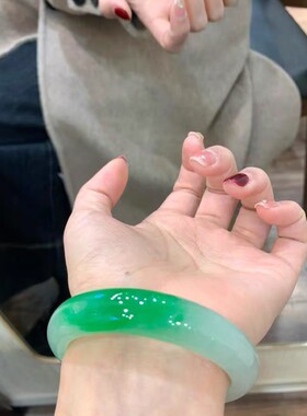 天然翡翠手镯女款冰糯种正阳绿缅甸玉镯子正圈镯飘花玉石手镯送礼