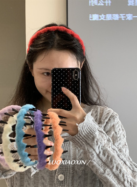 韩系带齿红色头箍毛绒压发头窟女