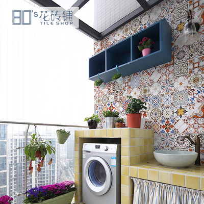 花砖复古北欧风厨房阳台墙砖餐厅卫生间防滑地板砖300 仿古花瓷砖 虎窝淘