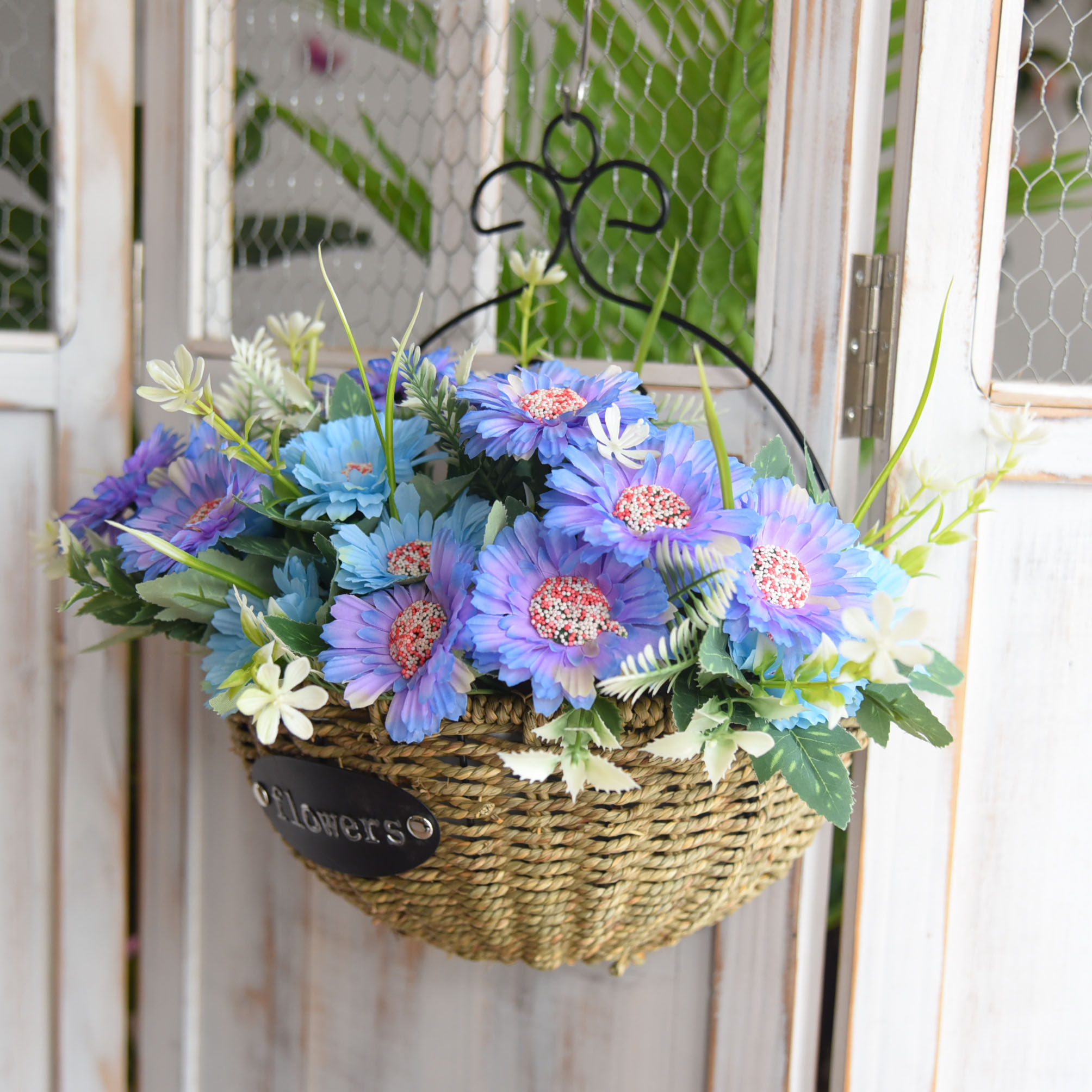 花篮壁挂悬挂仿真花套装墙壁装饰挂篮挂花太阳花草编花盆篮子挂墙
