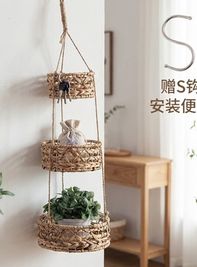 手工三层草编阳台悬挂花篮