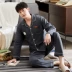 An Chi với bộ đồ ngủ nam mùa xuân và mùa thu cotton dài tay màu xanh lá cây trung niên XL cotton nam phục vụ nhà hai mảnh - Bộ Pajama Bộ Pajama