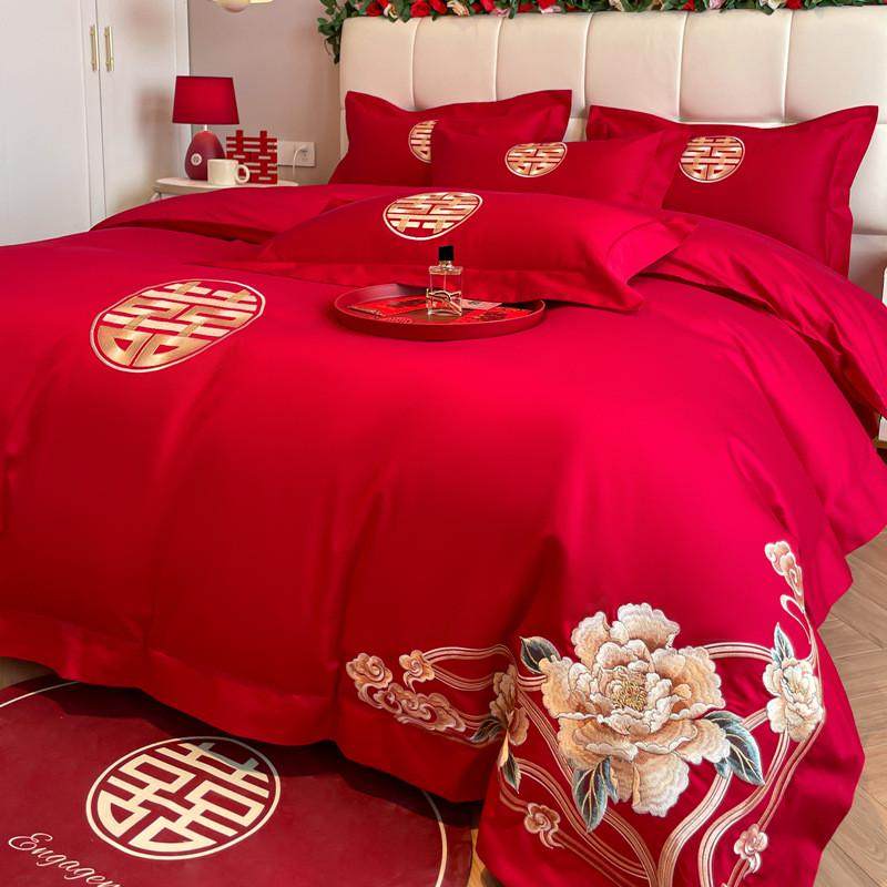 高档中式龙凤刺绣结婚四件套红色纯棉被套高级感喜庆婚庆床上用品,淘宝优惠券,粉丝福利购,淘宝优惠卷
