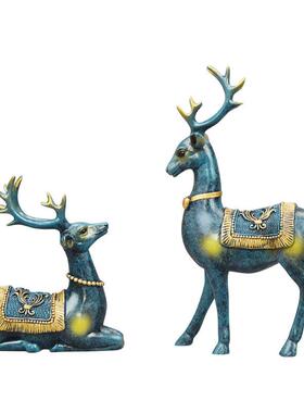 批发欧式蓝色招财麋鹿摆件一对客厅酒柜玄关样板房家居装饰品摆设
