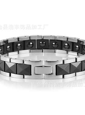陶瓷手链现货供应 钛钢黑色陶瓷批花磁性饰品手链 男士磁手链批发