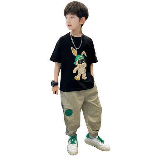 男童夏季套装2025儿童短袖九分裤两件套休闲洋气中大童男孩洋气潮 - 图3