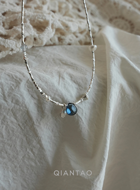 QIANTAO原创「井蓝」新中式S925纯银锁骨链天然水晶碎银子项链女