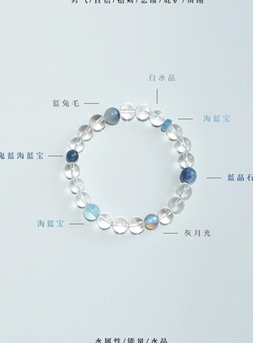 QIANTAO「半夏蓝」原创天然高净体白水晶海蓝宝好运手串情侣礼物