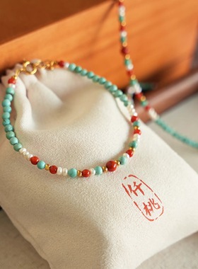 QIANTAO「山卿兰」原创中式天然原矿绿松石南红珍珠手链手串礼物
