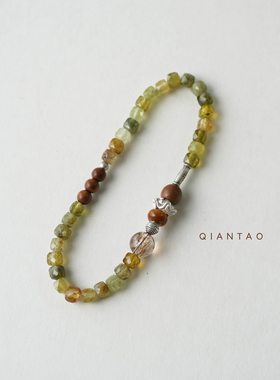 QIANTAO「椿庭」原创天然沙弗莱绿宝石水晶好运手串檀木银饰礼物