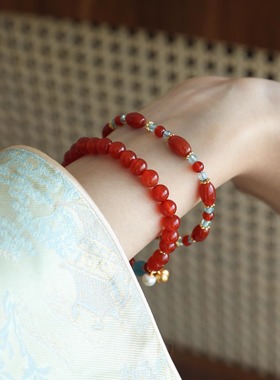 QIANTAO「流云」原创新中式天然红玛瑙蓝水翡翠手串情侣手链礼物