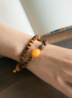QIANTAO「梧桐里」原创中式天然虎眼石蜜蜡手串情侣手链百搭礼物