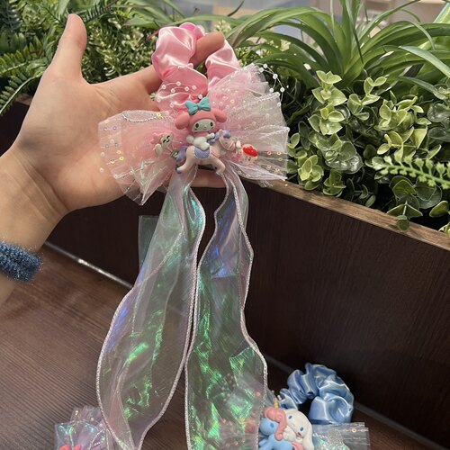日韩卡通可爱长款飘带美乐蒂玉桂狗骑马大肠圈蝴蝶结发绳夸张头绳 - 图2