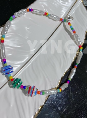 日式琉璃彩色条纹颈链女生