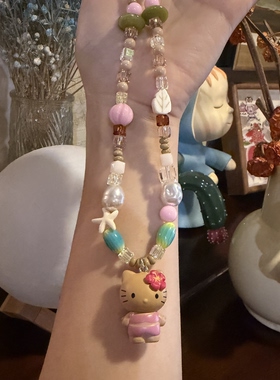 海岛夏日黑皮kitty串珠闺蜜新款百搭小众原创ins挂饰配饰颈链女