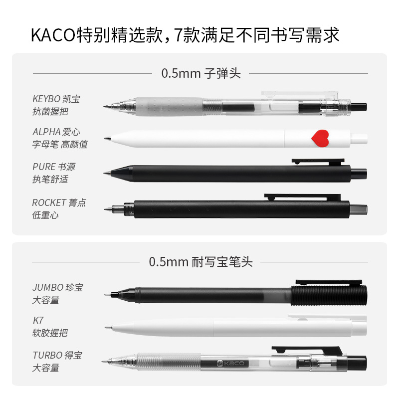 KACO 不错套装0.5黑芯中性笔7支套装 菁点凯宝书源珍宝得宝K7爱心字母笔 学生刷题书写笔记文具办公用品 - 图1