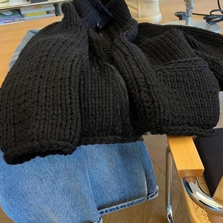 专柜撤回女装黑色卷边双口袋粗线毛衣外套超好看慵懒风针织衫冬季 - 图2