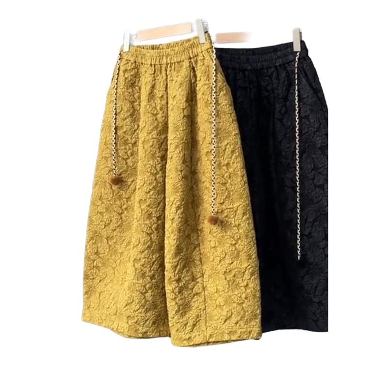 新中式九分裤阔腿裤女高级感提花黄色高腰宽松休闲裤春秋新款裤子 - 图3