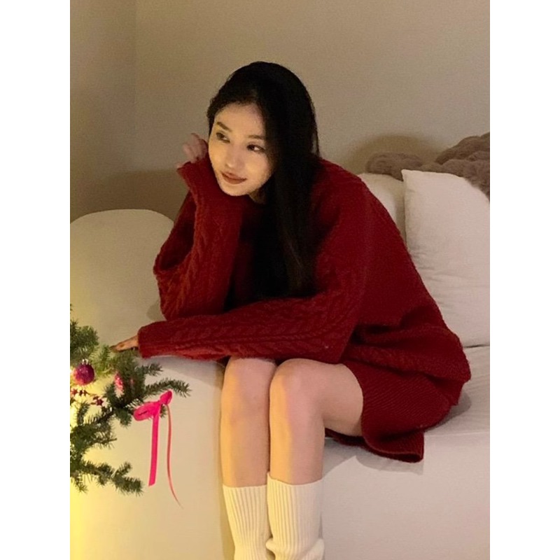 专柜撤回新款漂亮圣诞套装温柔系炸街奶乖内搭红色毛衣短裤两件套 - 图3
