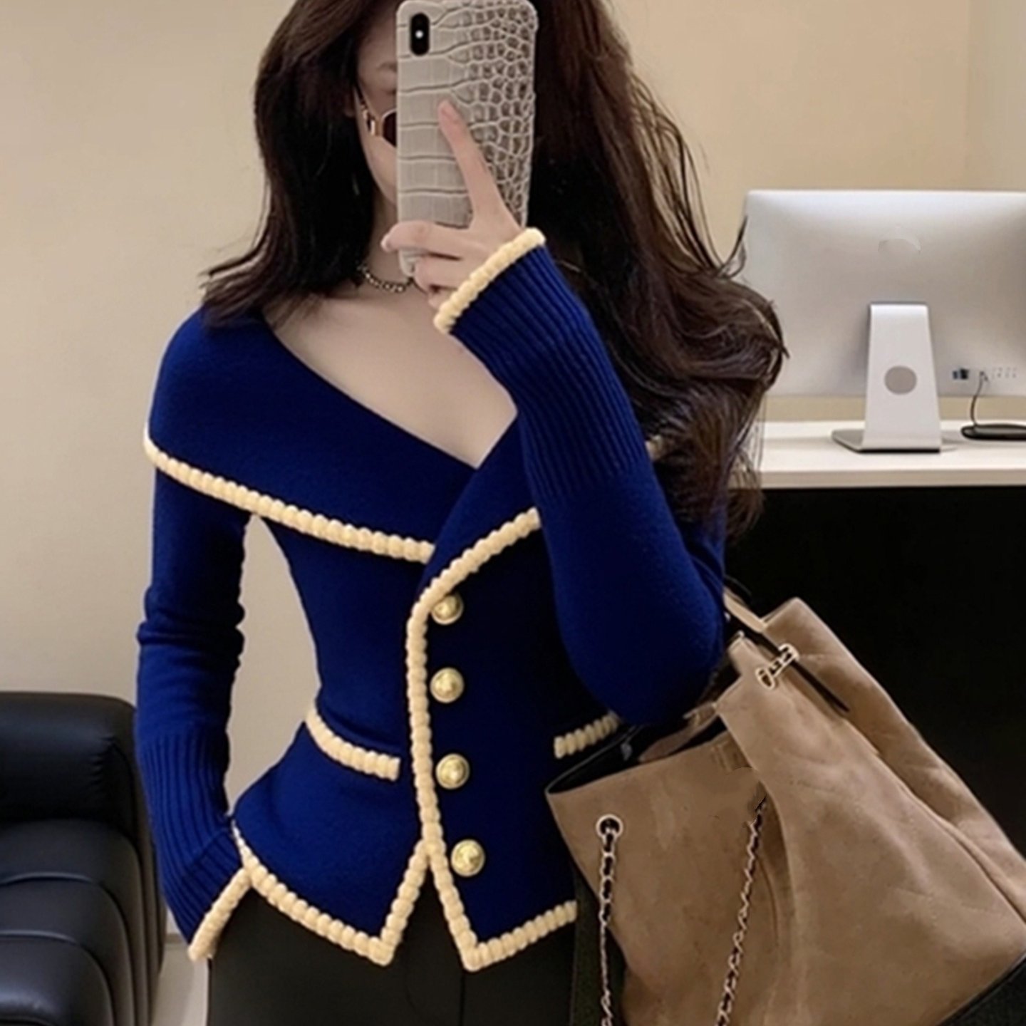 外贸撤回毛衣女款秋冬绝美巨好看轻熟气质高端蓝色翻领针织衫上衣,淘宝优惠券,粉丝福利购,淘宝优惠卷