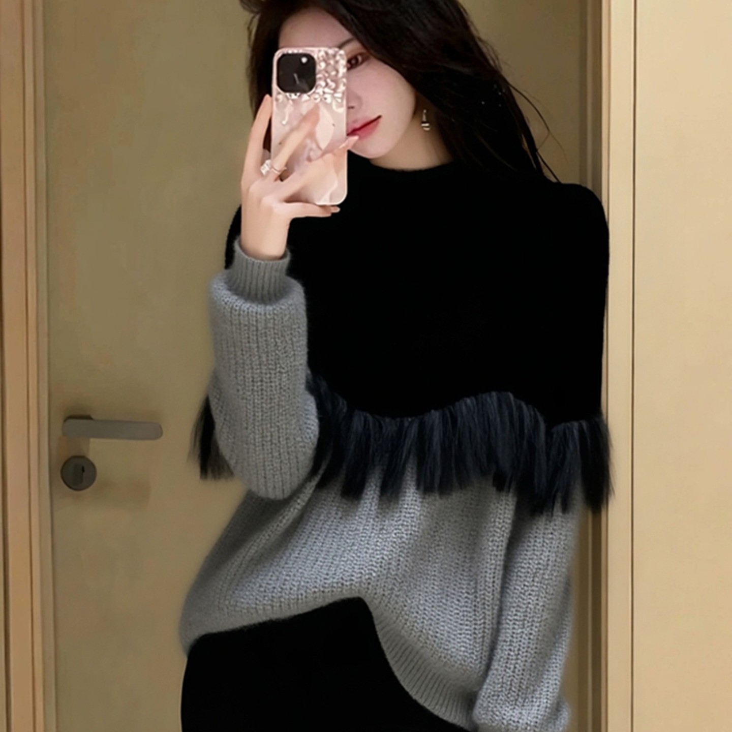 外贸撤回黑色网纱拼接假两件针织衫套头毛衣秋冬高端巨好看上衣,淘宝优惠券,粉丝福利购,淘宝优惠卷