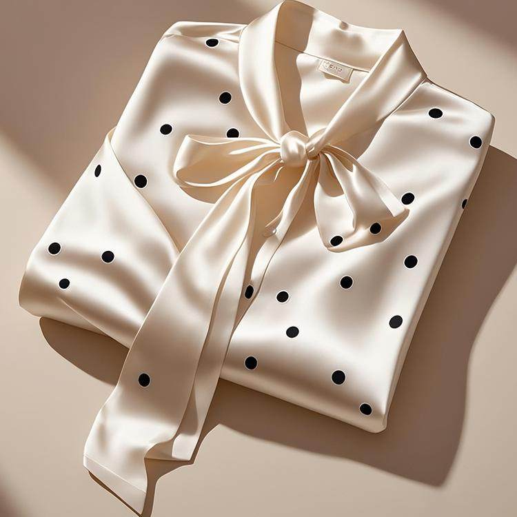 专柜撤回精致时尚洋气上衣独特绝美超好看白色波点系带缎面衬衫春,淘宝优惠券,粉丝福利购,淘宝优惠卷