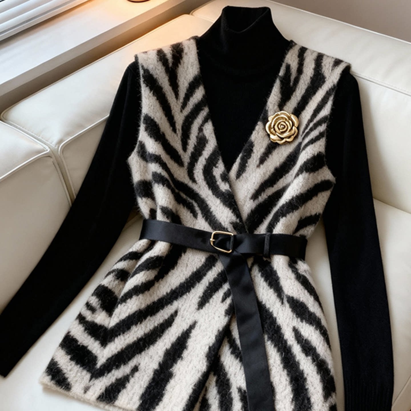 外贸撤回斑马纹针织马甲女冬高级感叠穿巨好看气质小香风收腰外套,淘宝优惠券,粉丝福利购,淘宝优惠卷