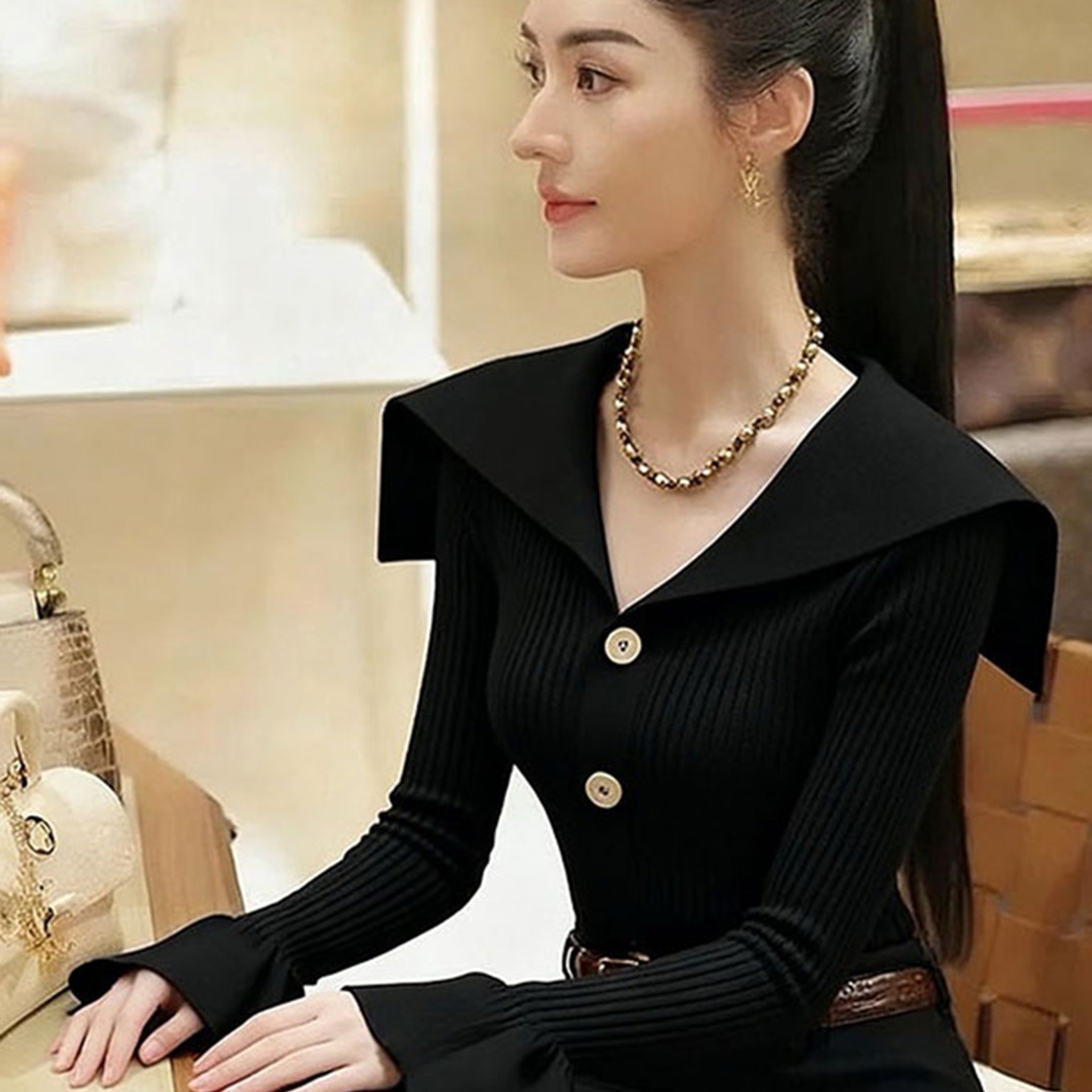 外面撤回黑色海军领针织衫女氛围感独特漂亮气质高端掐腰打底上衣 - 图1