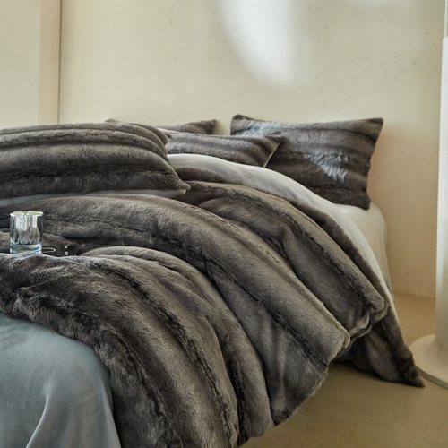 鱼梦仿皮草兔毛绒四件套灰色条纹加厚保暖床品套件轻奢被套床单 - 图2