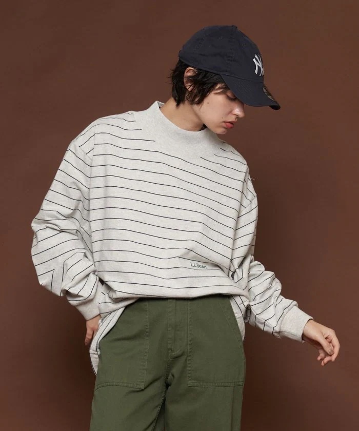 【代购】LLBEAN日本限定线 23aw Striped mock荷叶领条纹长袖T恤-图1