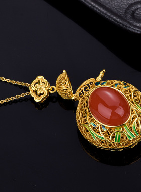 s925纯银镀金珐琅彩花丝南红如意花纹镂空香囊盒吊坠项链古风项饰