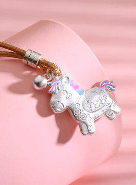 足银999珐琅彩独角兽马上有钱吊坠项链挂件纯银挂绳生肖马本命年