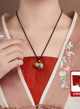 S999纯银镀金古法花丝镂空珐琅彩葫芦编绳项链新中式千里江山图链