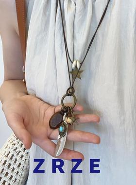 新中式禅意长款羽毛项链女复古民族风波西米亚吊坠配饰毛衣链