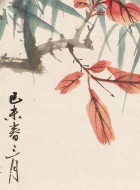 乔木红枫小鸟纸本国画字画宣纸