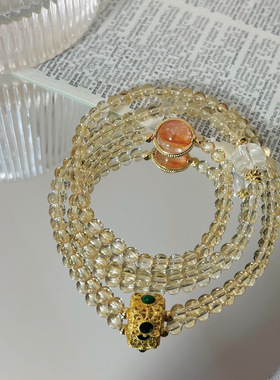 原创设计三圈手链女生黄水晶大颗粒红胶花随型白水晶手串