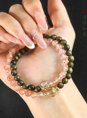 新中式桃木檀木串珠双圈手链女文艺高级感冰飘南红金发水晶手串