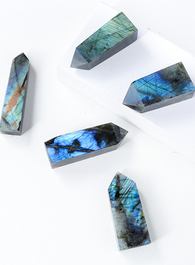 天然水晶柱拉长石四棱柱强蓝光月光石四方柱原石摆件