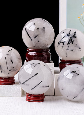 天然黑发晶水晶球摆件原石打磨黑碧玺能量石球家居桌面装饰摆件