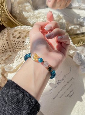 天然蓝磷灰手链女极光23黄水晶黑曜石手工diy手串饰品