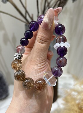 五行火天然九紫火紫幽灵黑金超多宝手链白水晶百搭设计感