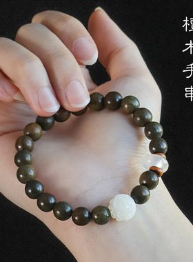 天然绿檀木手串男女生情侣圆珠单圈文玩盘玩佛珠念珠文艺范手链